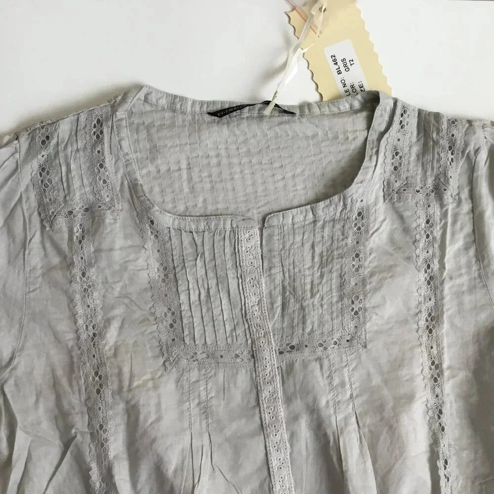 NWT Grey 100% Cotton Lace Trim Blouse 3/4 Sleeve Pin-tuck Shirt  Romantic  6-8 - Picture 9 of 16